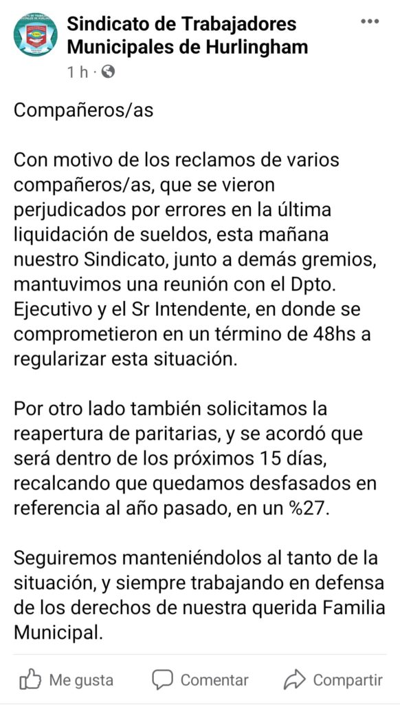 ,Los Municipales aseguraron que casi el 30% de la planta municipal cobro entre 20% y 40% menos respecto a los meses anteriores. "